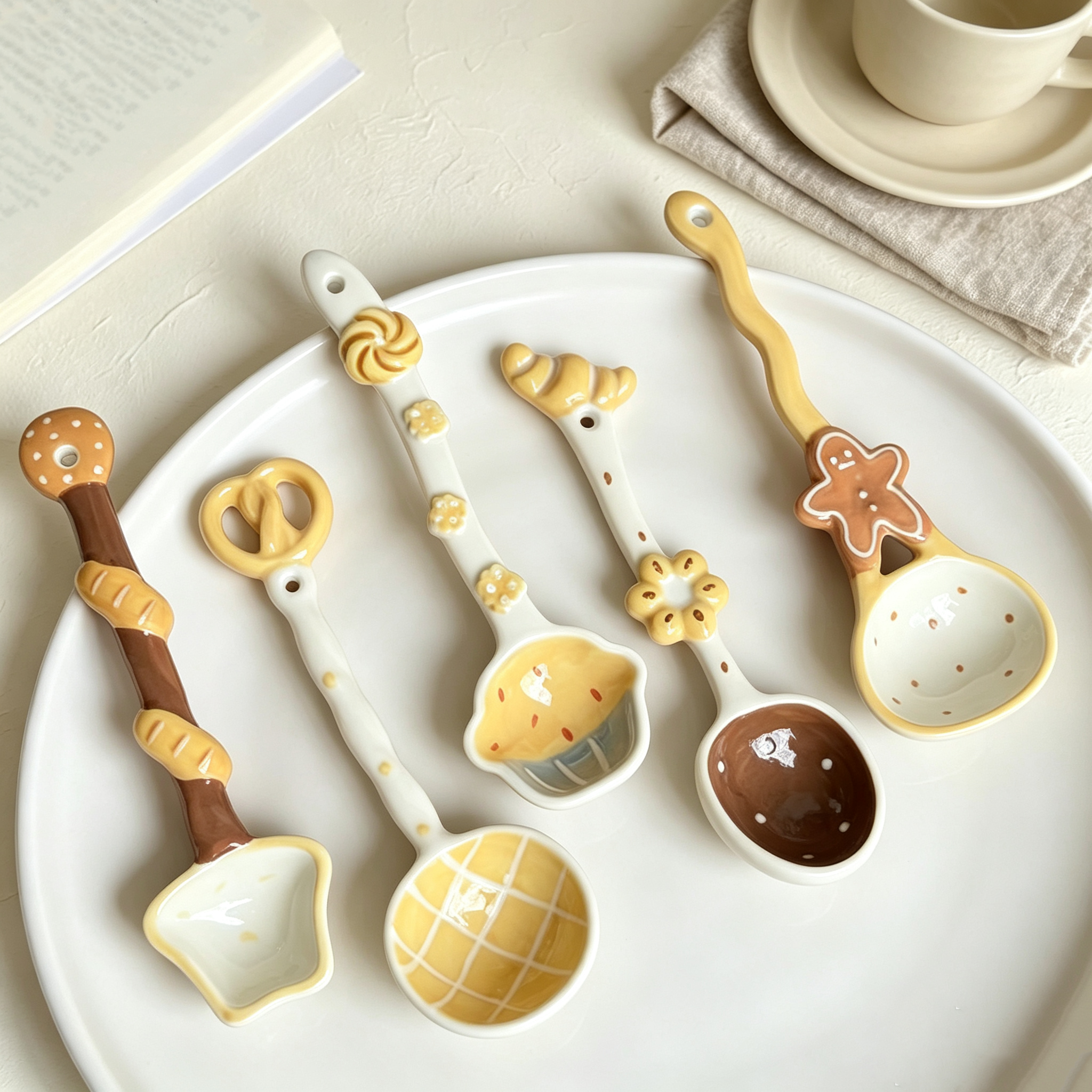 Kawaii Bread Spoon Set, Cute Ceramic Soup Spoon, 3D Embossed Dessert Coffee Spoon, Creative Shaped Teaspoons for Home Kitchen, 5 Pack Product Specifications